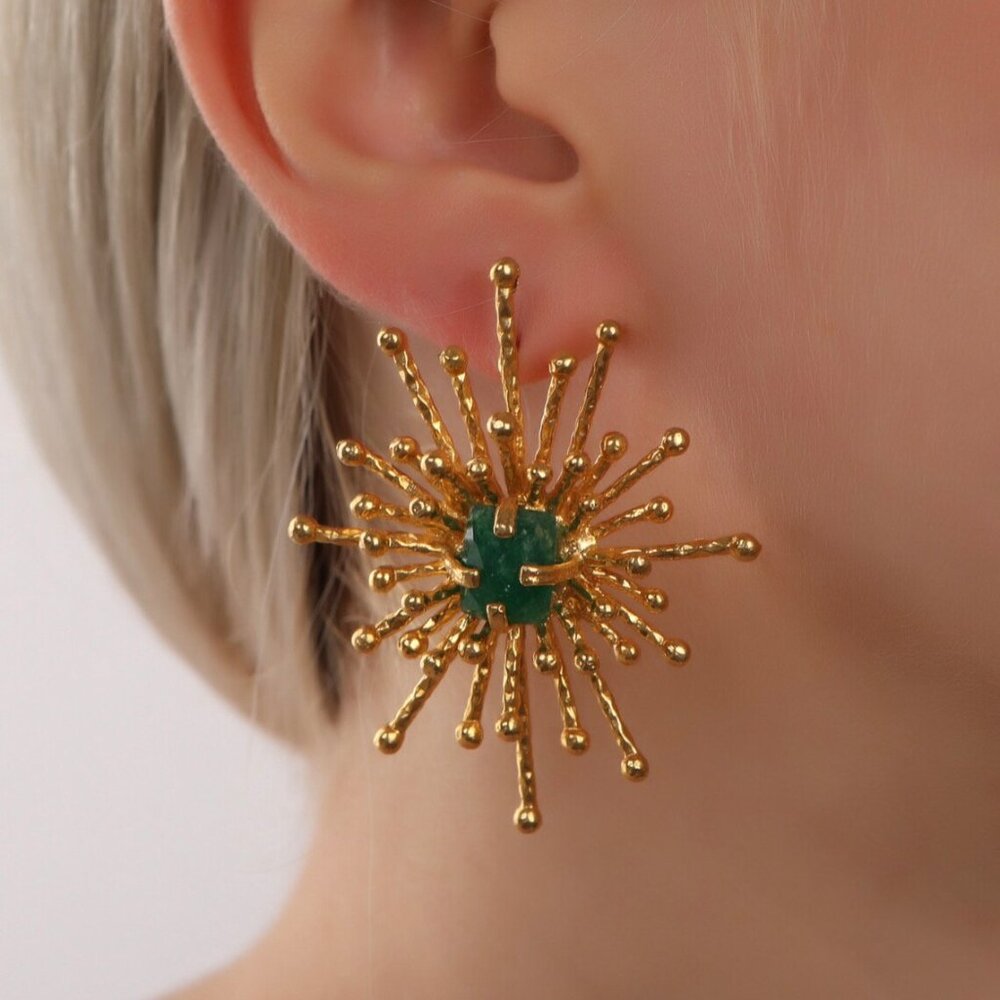 Sunburst Gold Earrings with Green Gemstone